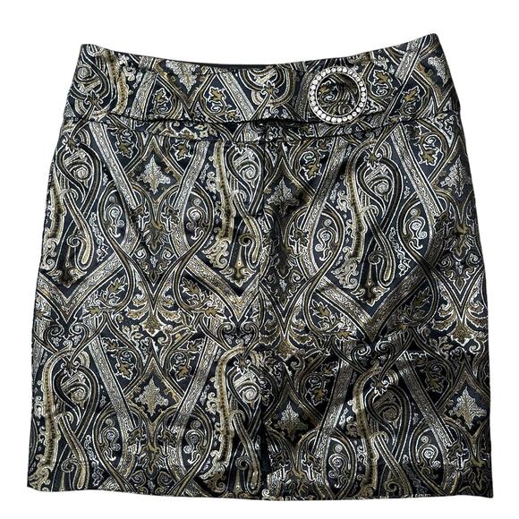 NWT Cache Vintage Black Silver Gold Metallic Mini Skirt Rhinestone Buckle Sz 6 - Picture 1 of 10